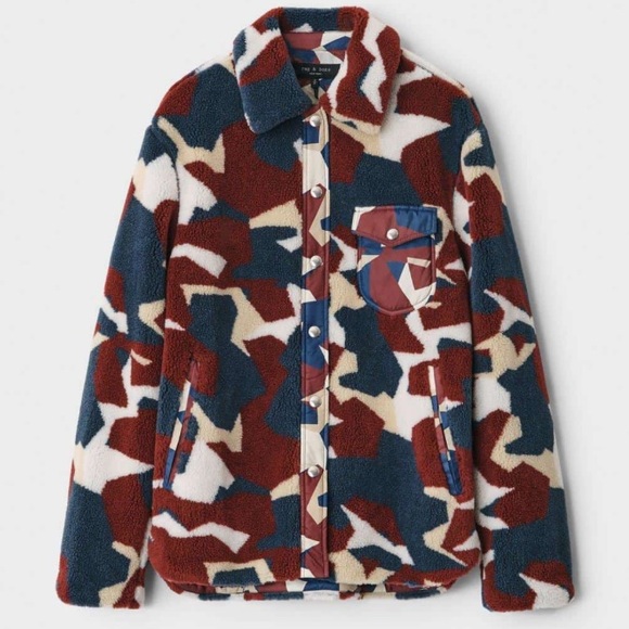 NWT rag & bone Elliot High Pile Sherpa Shirt Jacket in Burgundy Print - Picture 7 of 15